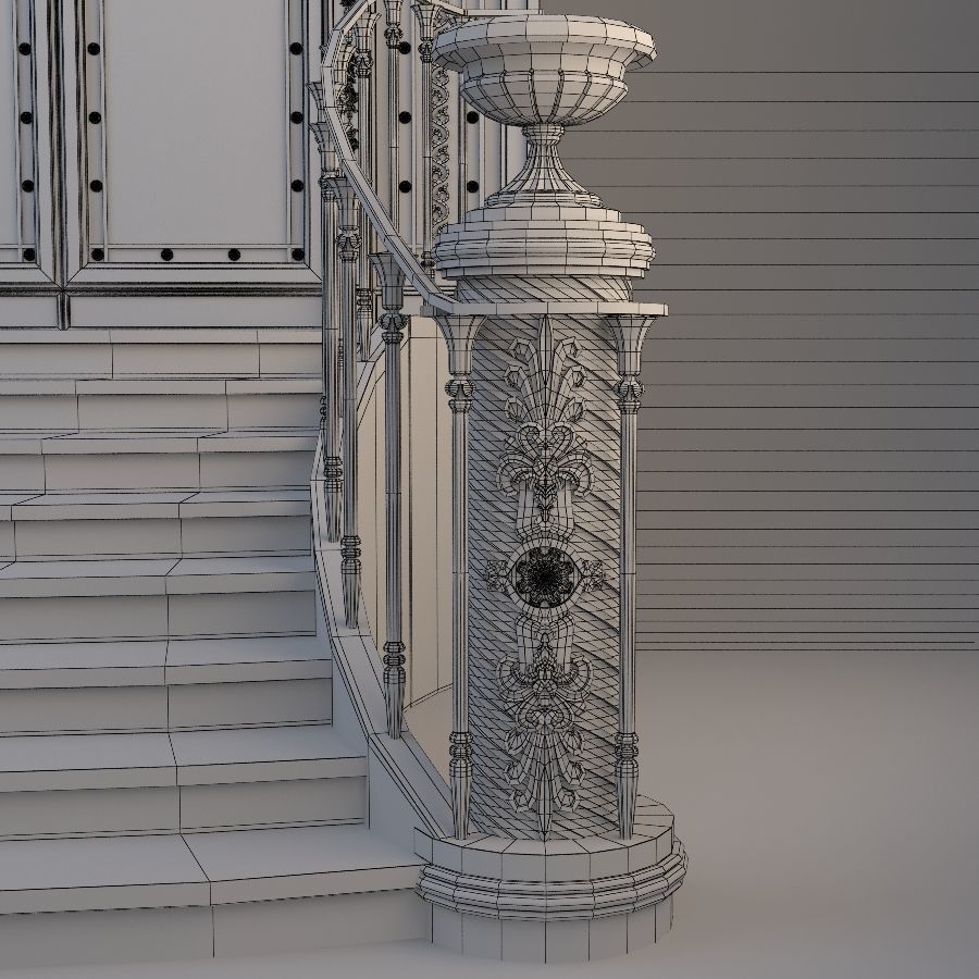 Entrance ornate staircase with wrought iron railings 3D model_13