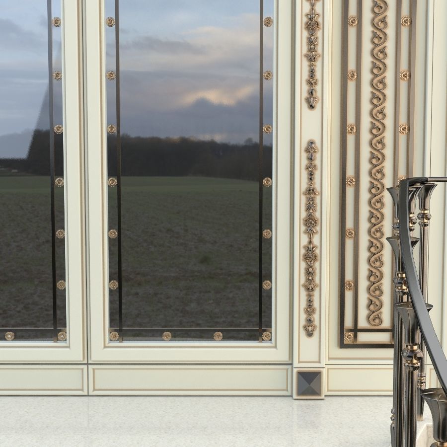 Entrance ornate staircase with wrought iron railings 3D model_6