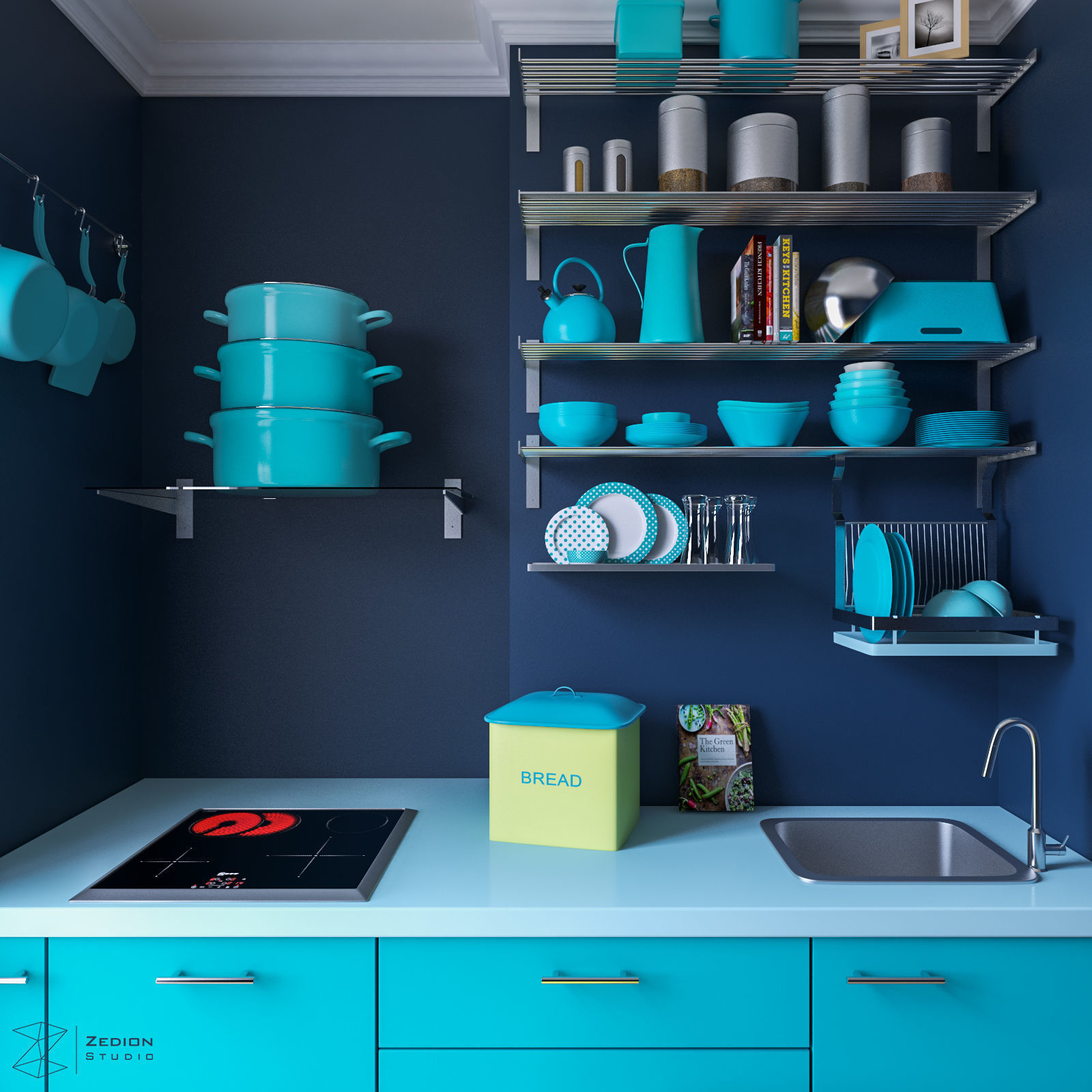 kitchen with cabinets and stool 3D model_1