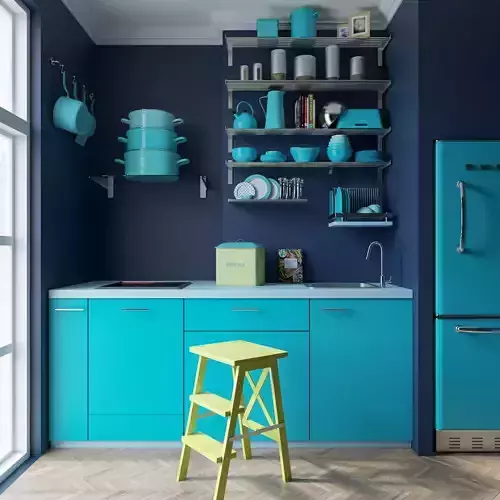 kitchen with cabinets and stool