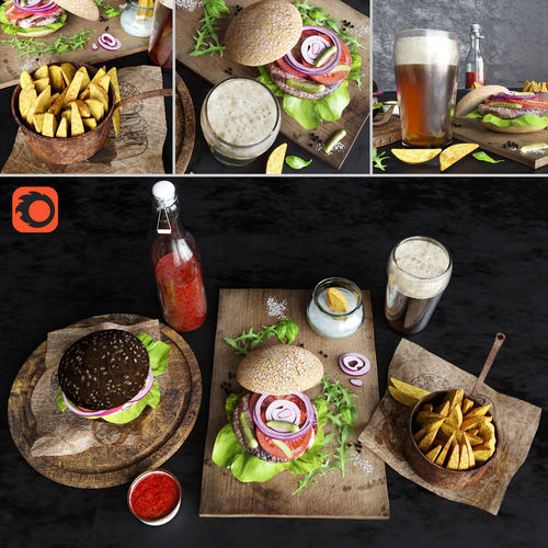 Burgers with potatoes and beer 3D model