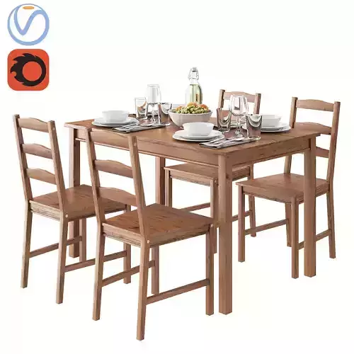 JOKKMOKK wooden dining table set with four chairs 3D model
