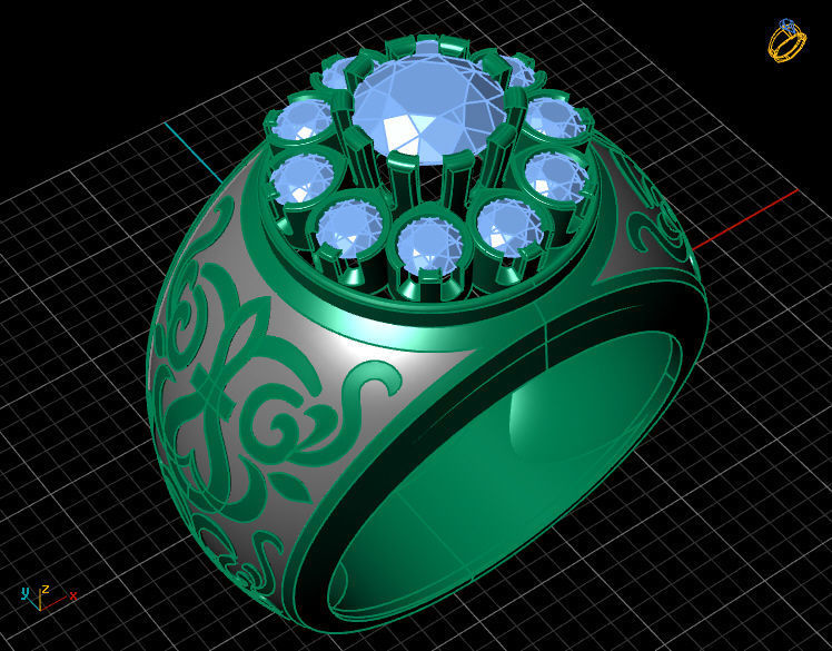 Black Enamel Ornament Diamond Gold Unisex Ring 3D print model_12