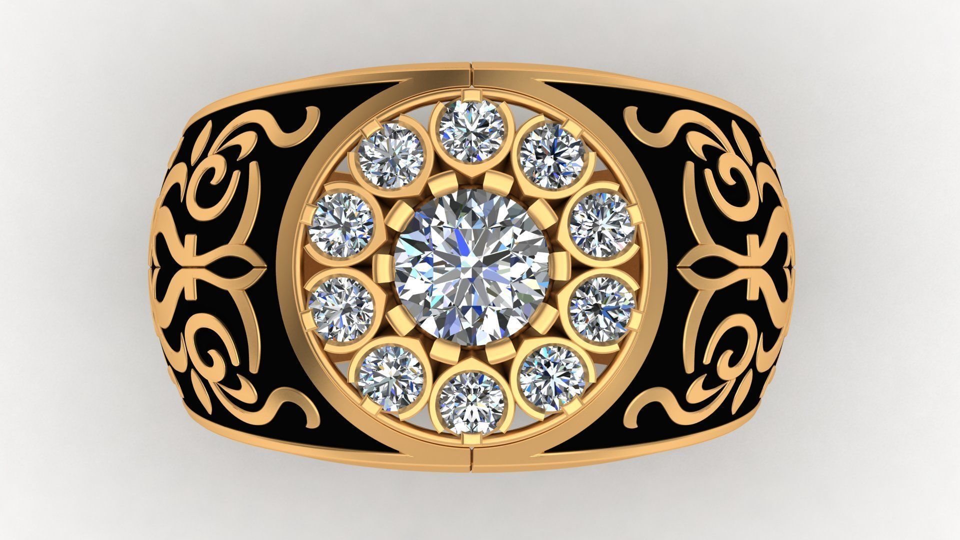 Black Enamel Ornament Diamond Gold Unisex Ring 3D print model_3