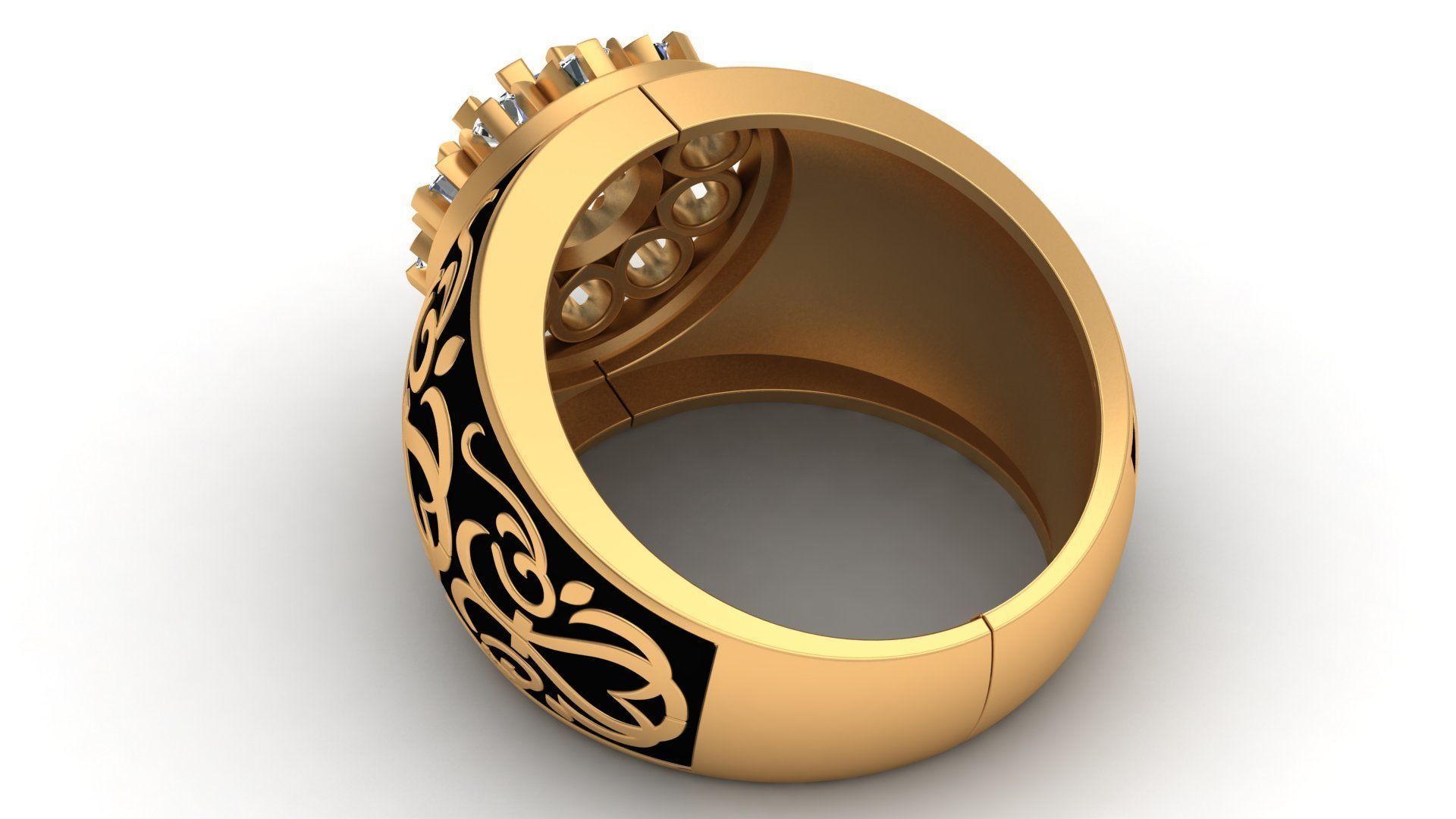 Black Enamel Ornament Diamond Gold Unisex Ring 3D print model_6
