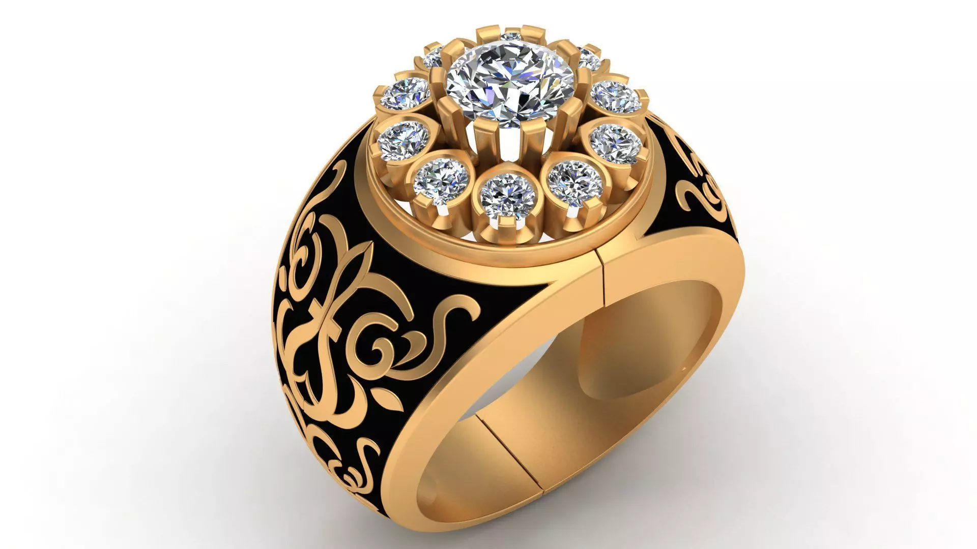 Black Enamel Ornament Diamond Gold Unisex Ring 3D print model_0