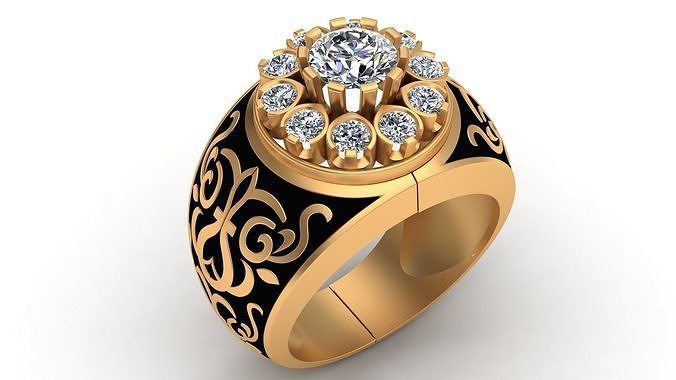 Black Enamel Ornament Diamond Gold Unisex Ring 3D print model