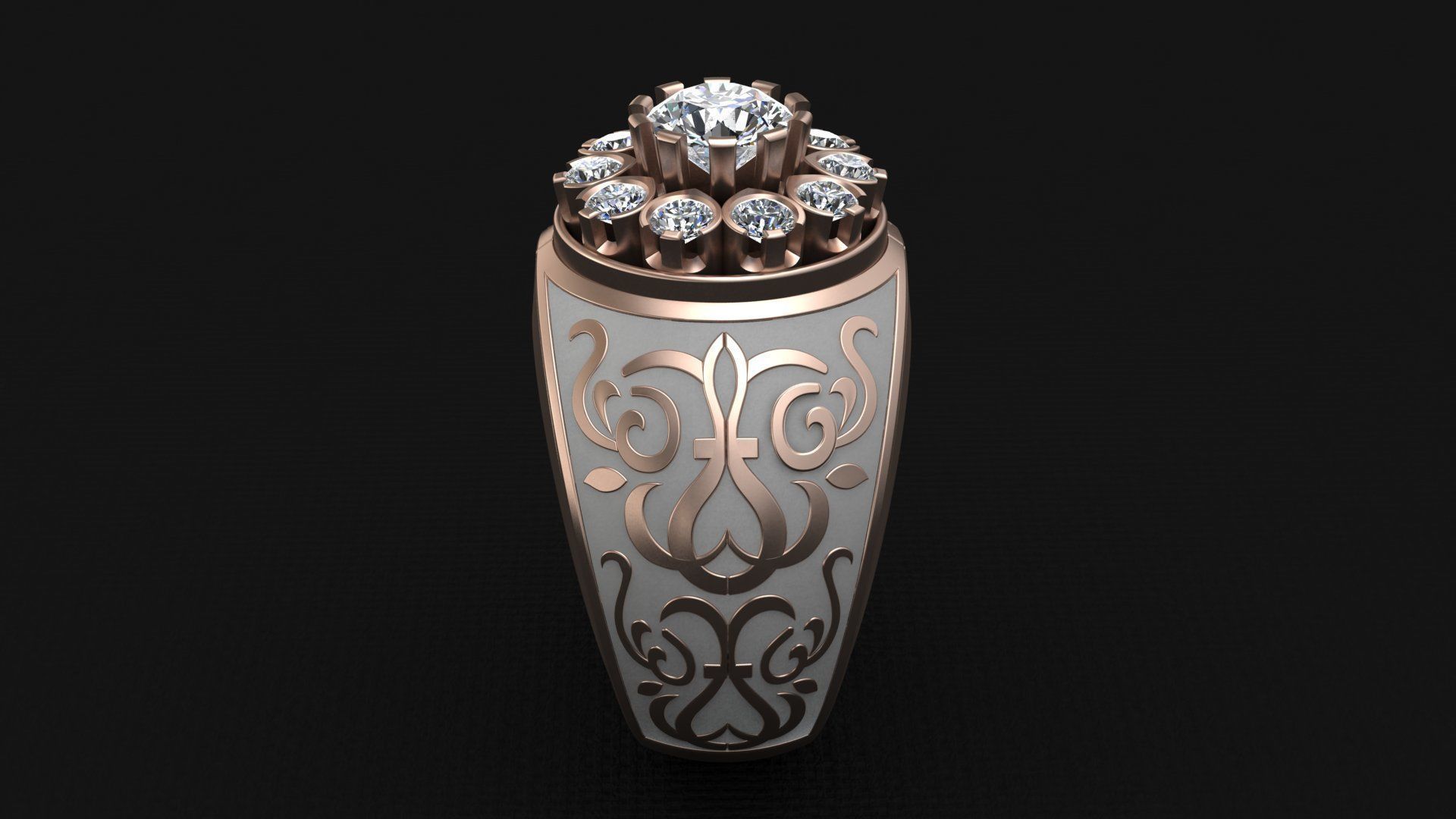 Black Enamel Ornament Diamond Gold Unisex Ring 3D print model_7