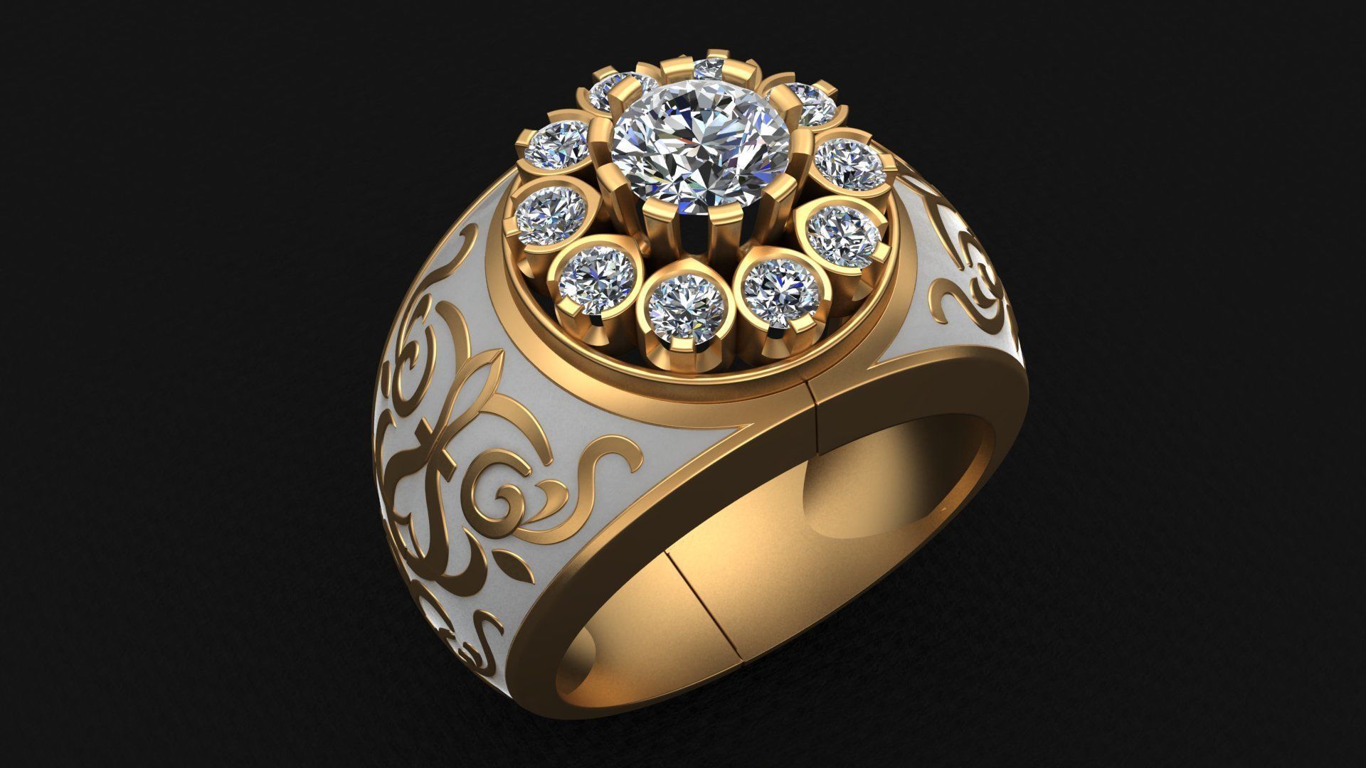 Black Enamel Ornament Diamond Gold Unisex Ring 3D print model_9