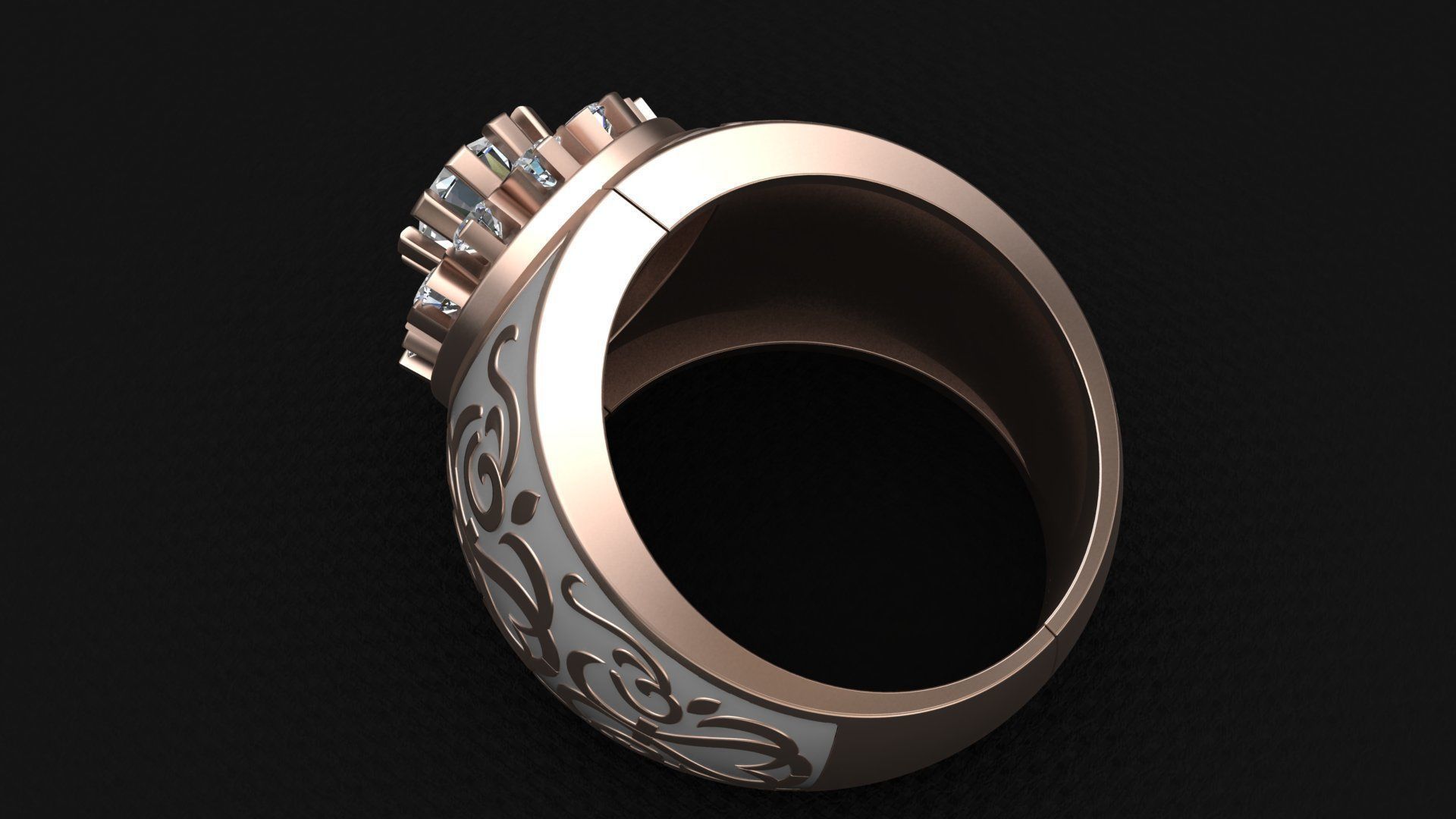 Black Enamel Ornament Diamond Gold Unisex Ring 3D print model_8