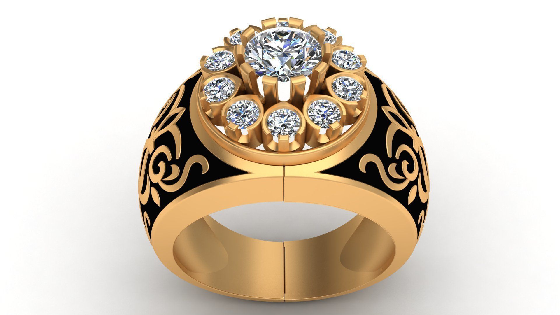 Black Enamel Ornament Diamond Gold Unisex Ring 3D print model_1