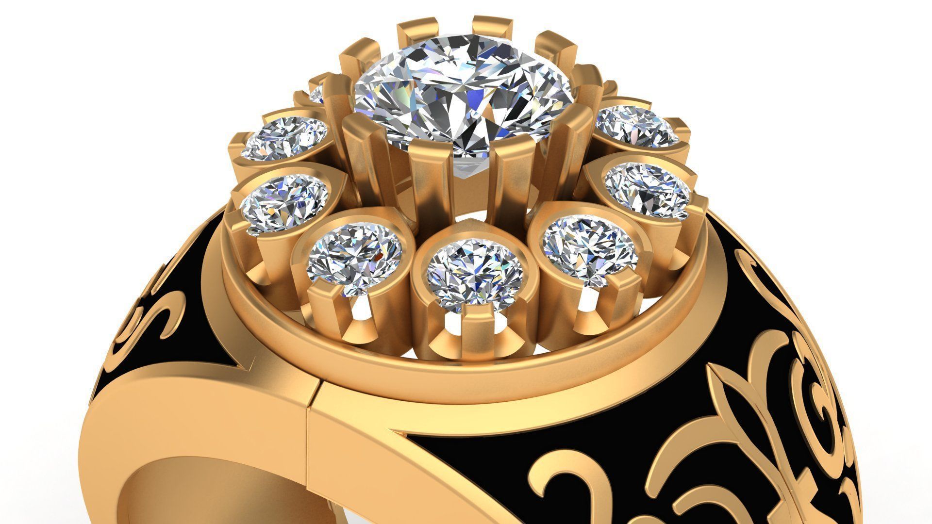 Black Enamel Ornament Diamond Gold Unisex Ring 3D print model_5