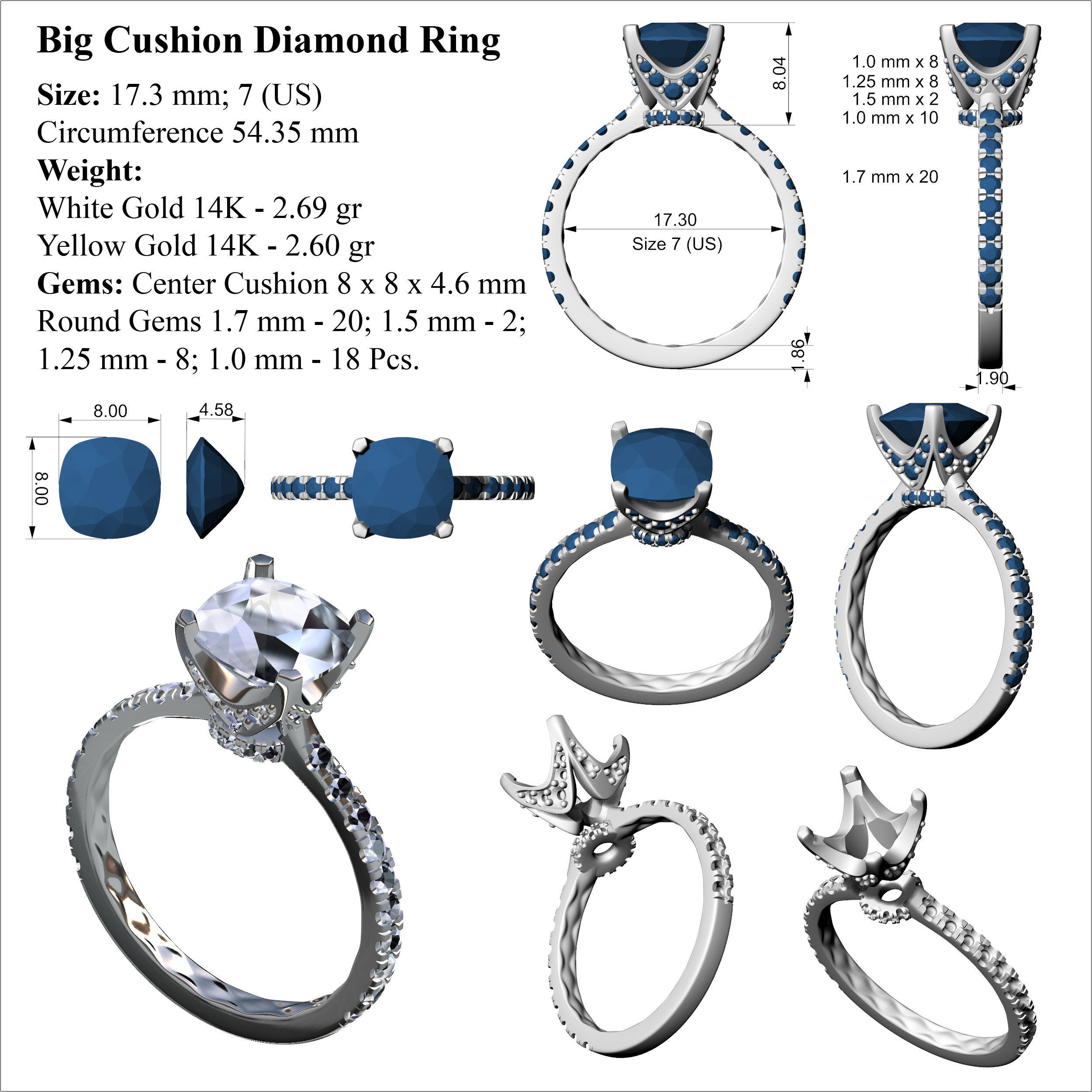 Big Cushion Diamond Ring 3D print model_6