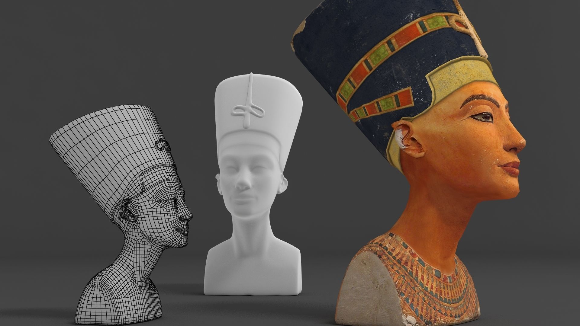 Nefertiti three busts of egyptian women 3D model_3