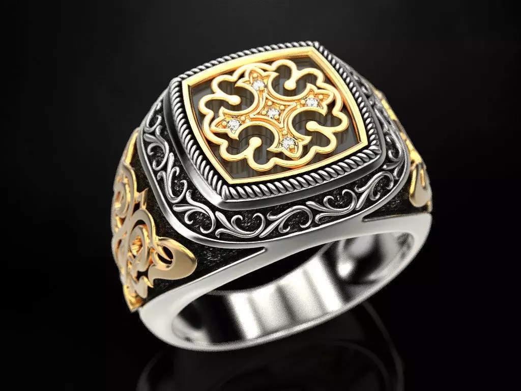 Ring with onyx and patterns 2 3D print model_0