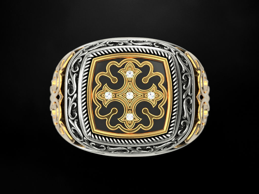 Ring with onyx and patterns 2 3D print model_2