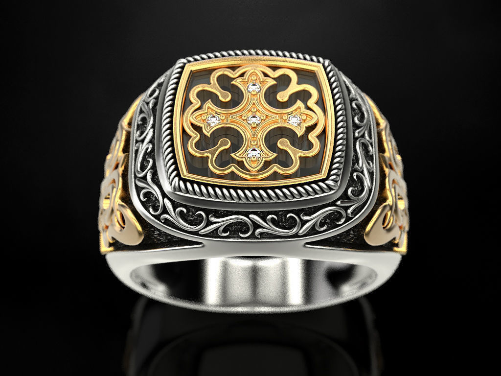 Ring with onyx and patterns 2 3D print model_1