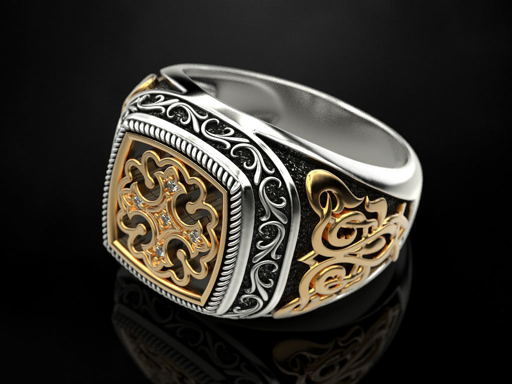 Ring with onyx and patterns 2 3D print model_3