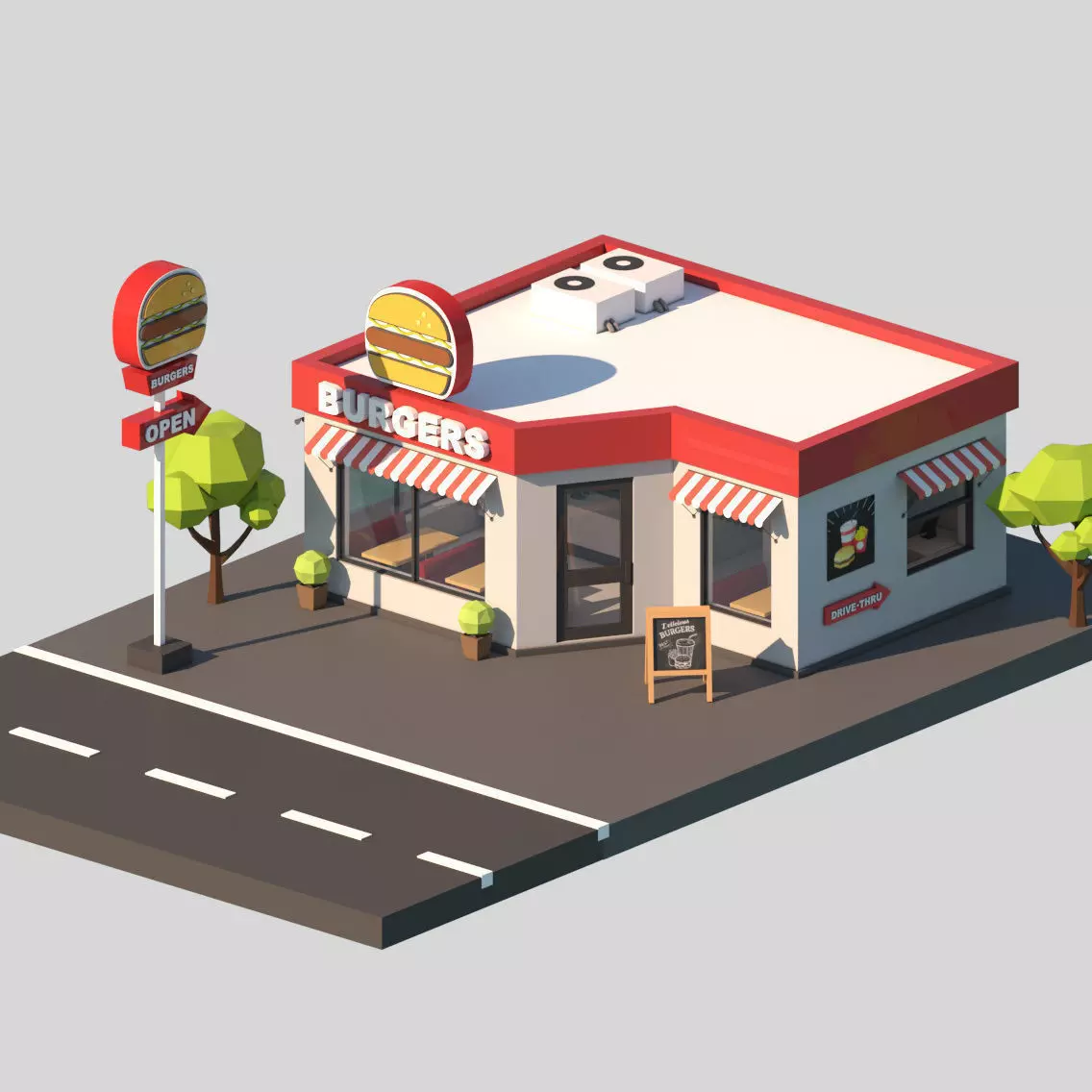 Cartoon Low Poly Fast Food Restaurant Building Low-poly 3D model_0