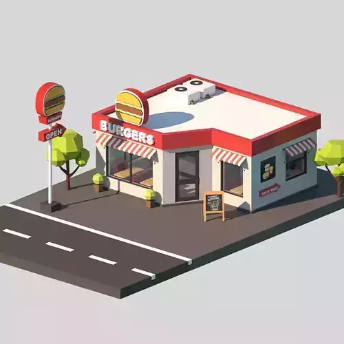 Cartoon Low Poly Fast Food Restaurant Building Low-poly 3D model