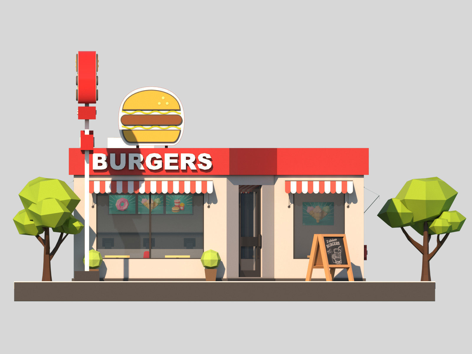 Cartoon Low Poly Fast Food Restaurant Building Low-poly 3D model_3