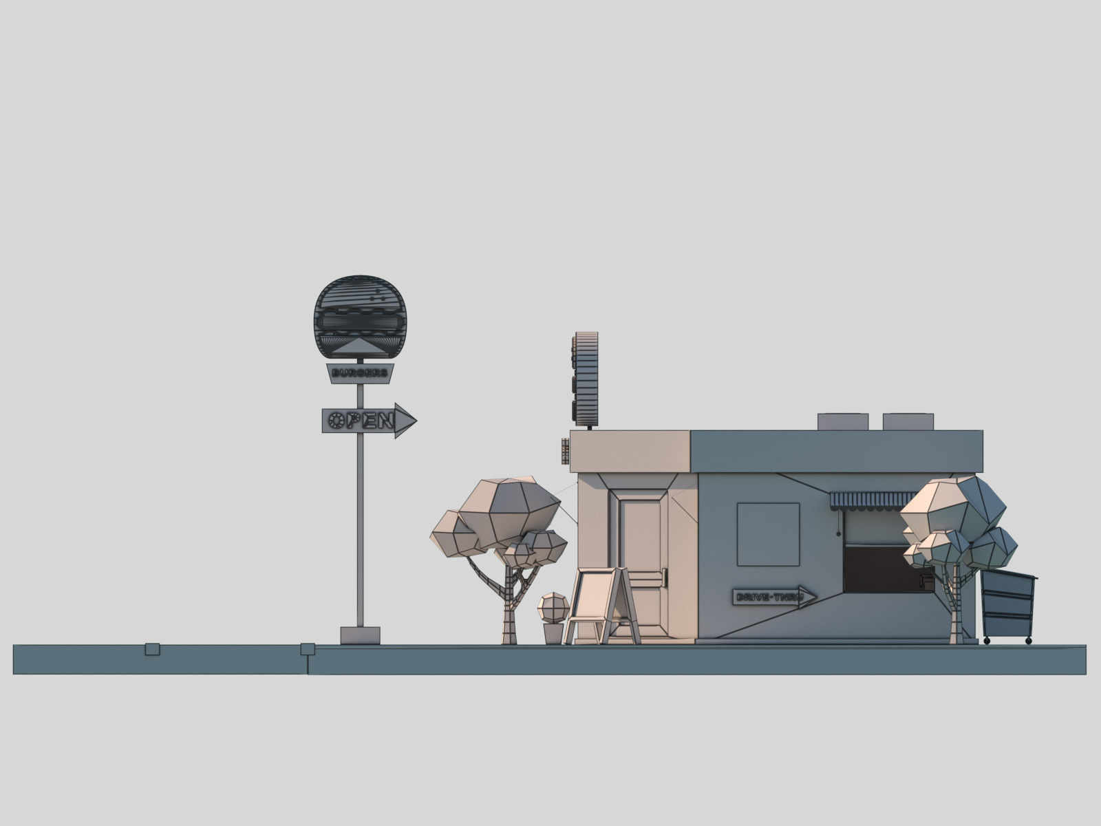 Cartoon Low Poly Fast Food Restaurant Building Low-poly 3D model_9