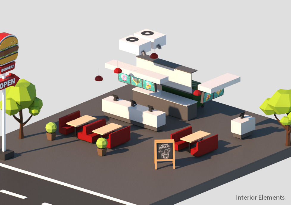 Cartoon Low Poly Fast Food Restaurant Building Low-poly 3D model_10