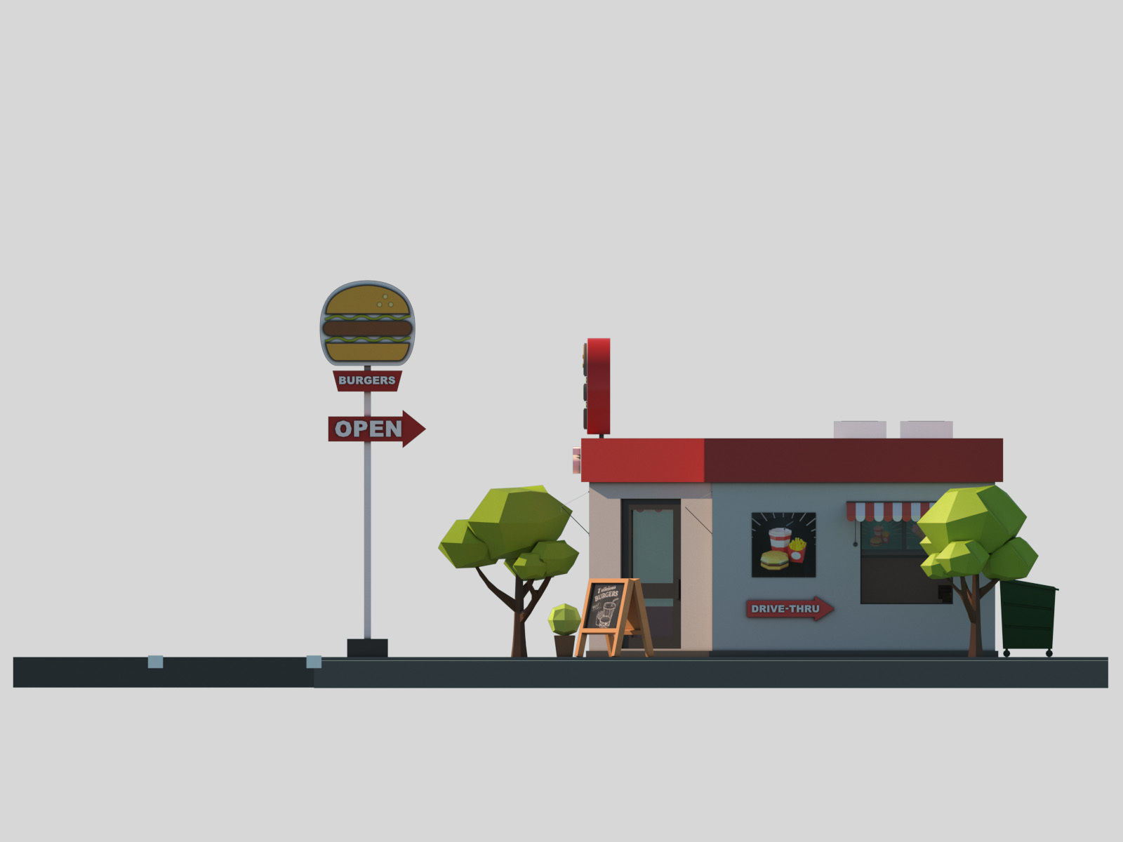 Cartoon Low Poly Fast Food Restaurant Building Low-poly 3D model_6