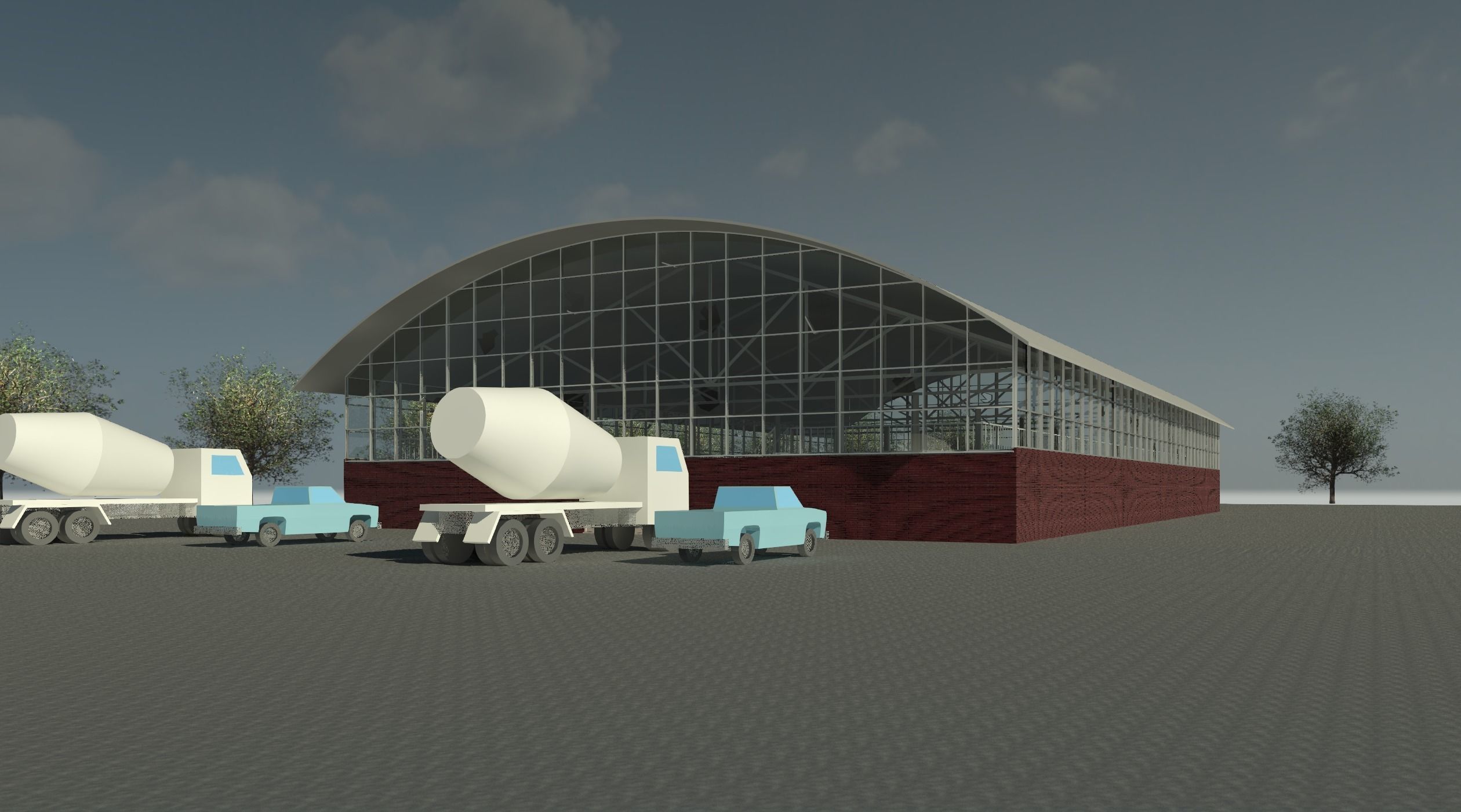 Hangar-warehouse cement factory with trucks Low-poly 3D model_1