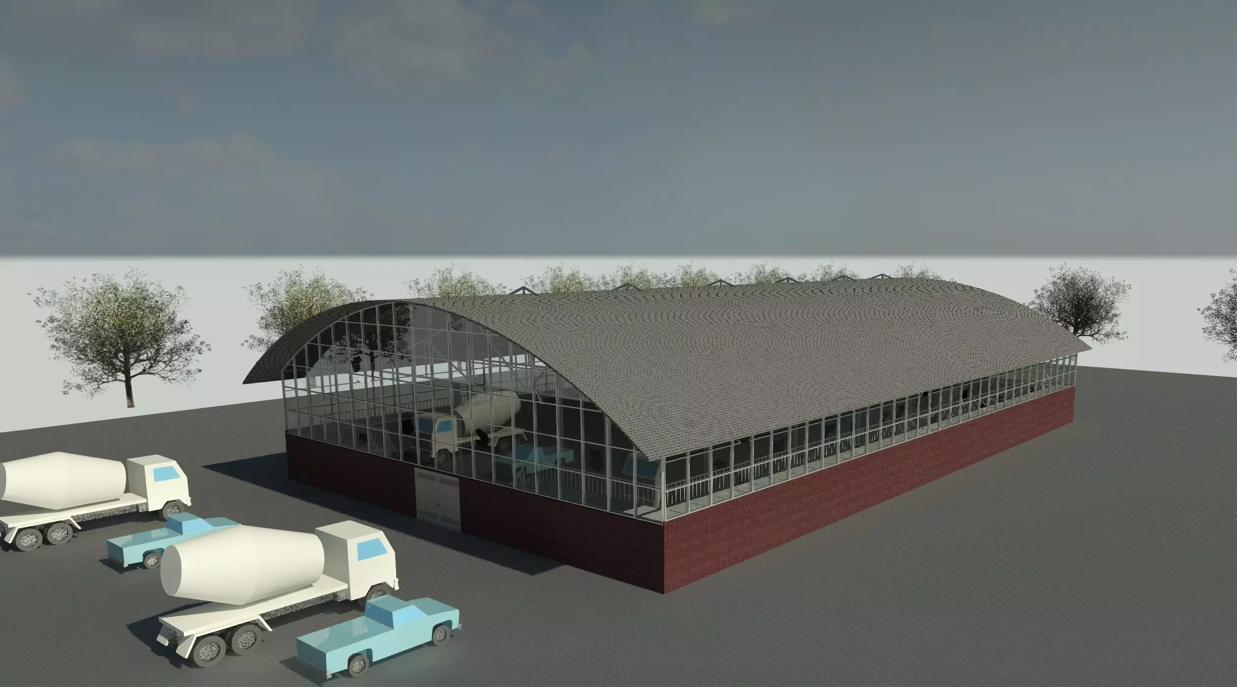 Hangar-warehouse cement factory with trucks Low-poly 3D model_0