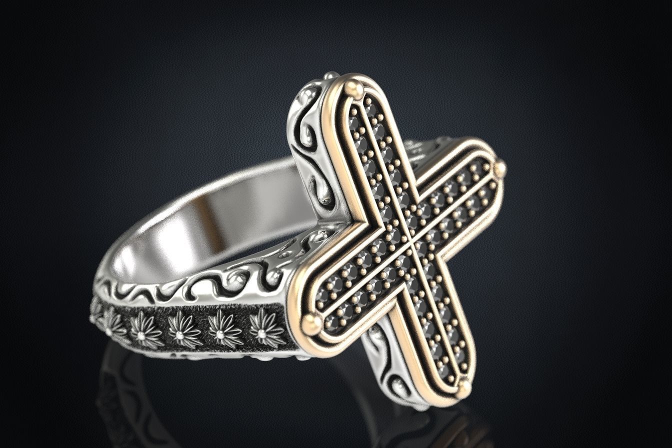 Ring with a cross and stones 287 3D print model_15