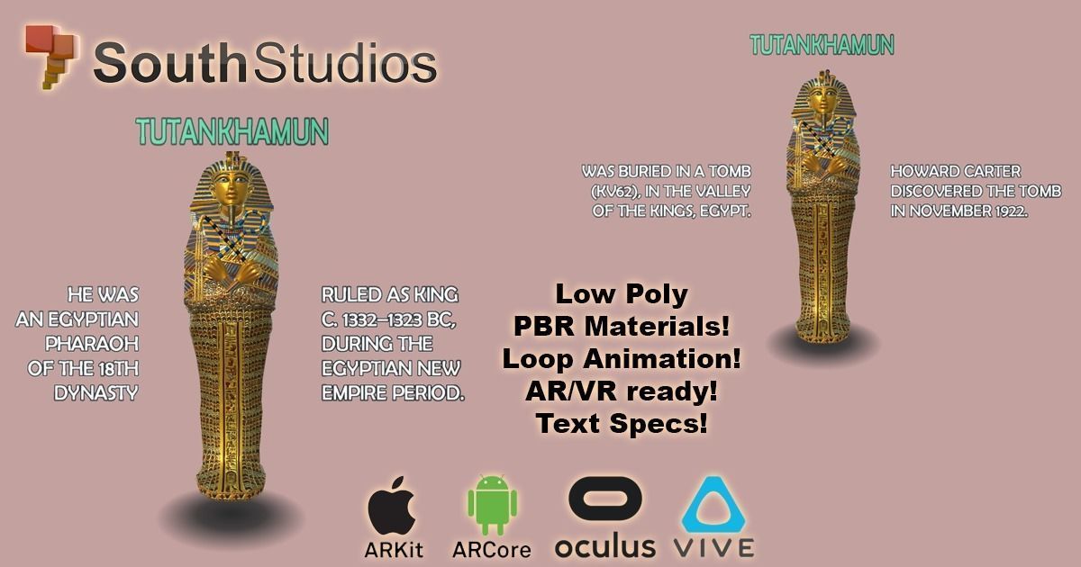 Animated Tutankhamun Sarcophagus AR VR Unity 3dsmax Low-poly 3D model_2