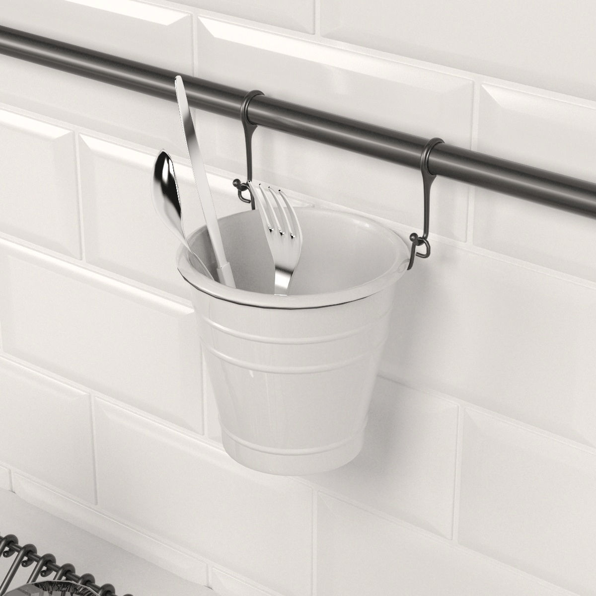 Kitchen set stainless steel dish rack on tiled wall 3D model_4