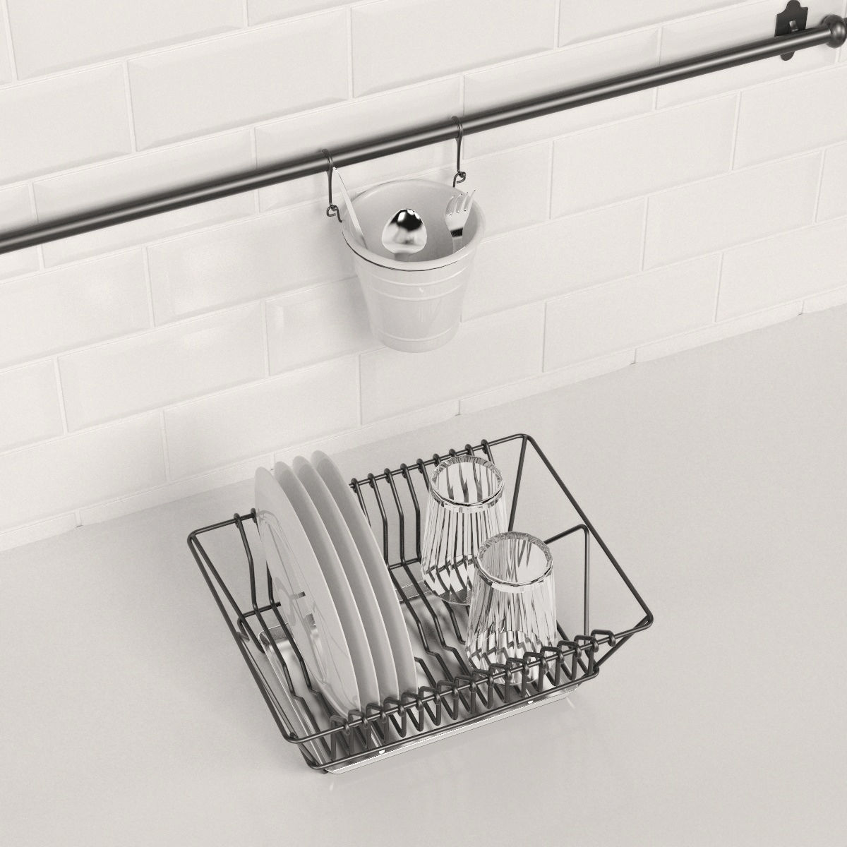 Kitchen set stainless steel dish rack on tiled wall 3D model_3