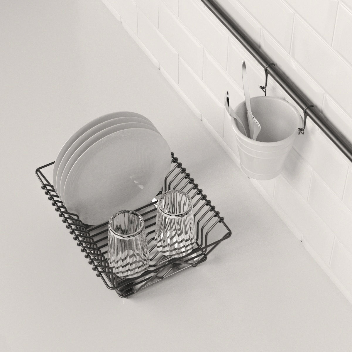 Kitchen set stainless steel dish rack on tiled wall 3D model_1