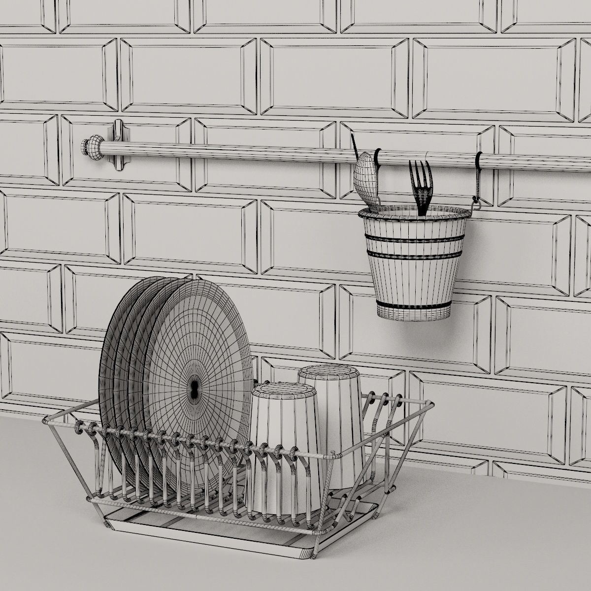 Kitchen set stainless steel dish rack on tiled wall 3D model_2