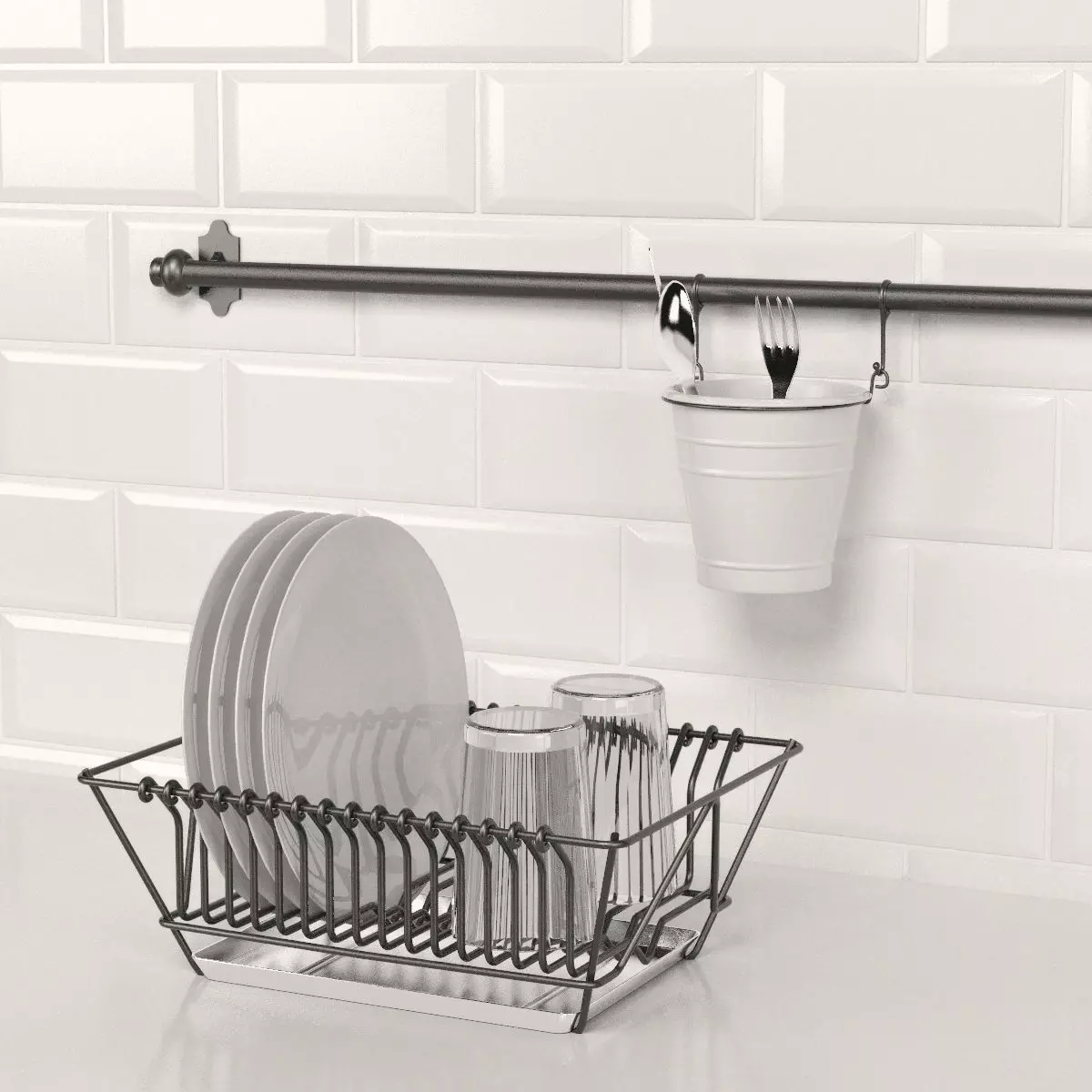 Kitchen set stainless steel dish rack on tiled wall 3D model_0