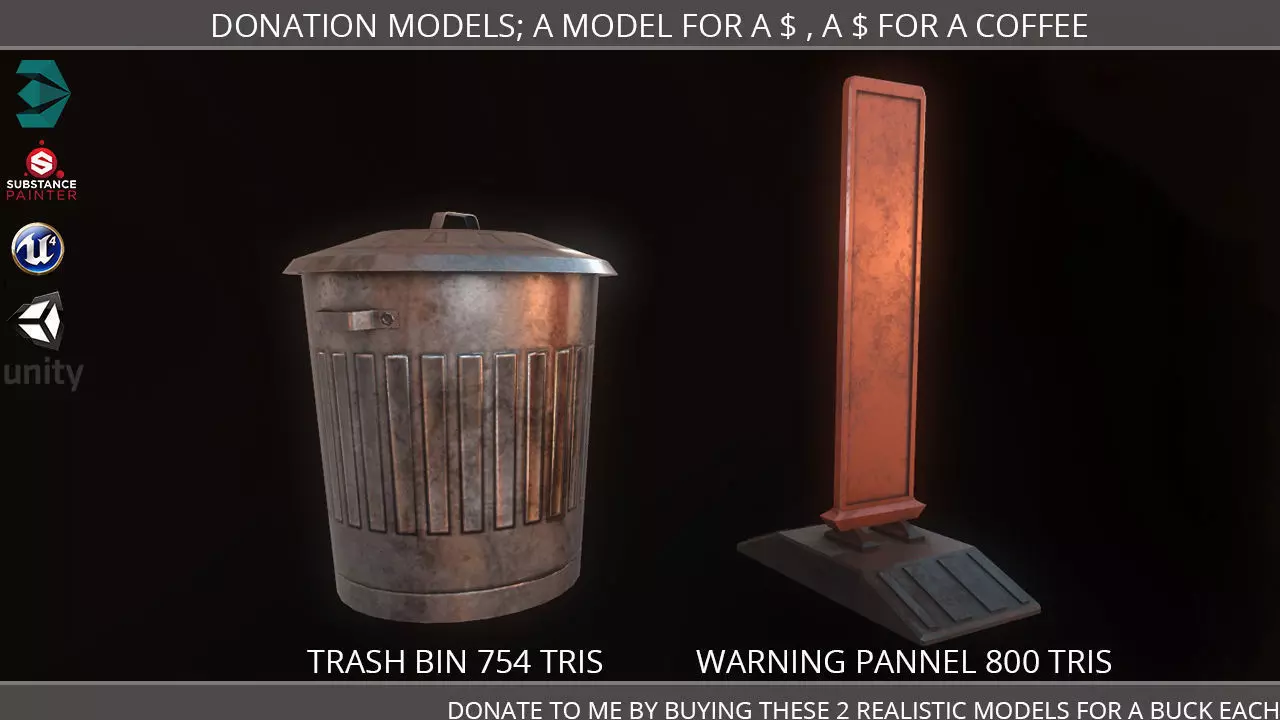 Low Poly PBR Donation Models Trash Can Warning Pannel Free low-poly 3D model