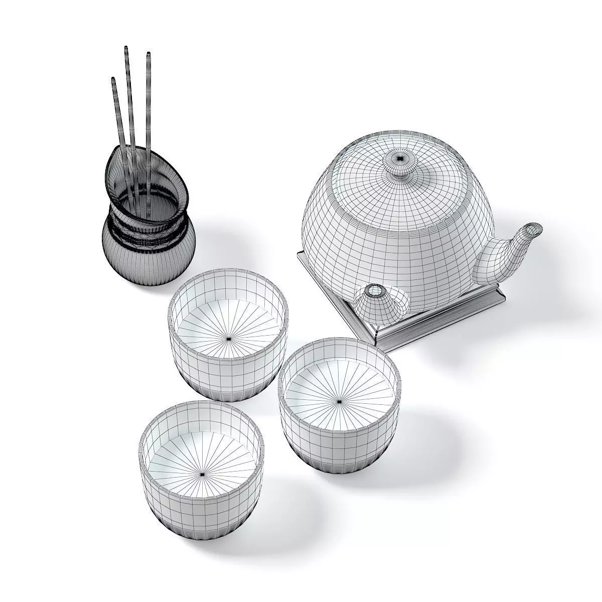 Tea Set 3D Model four cups and teapot 3D model_2