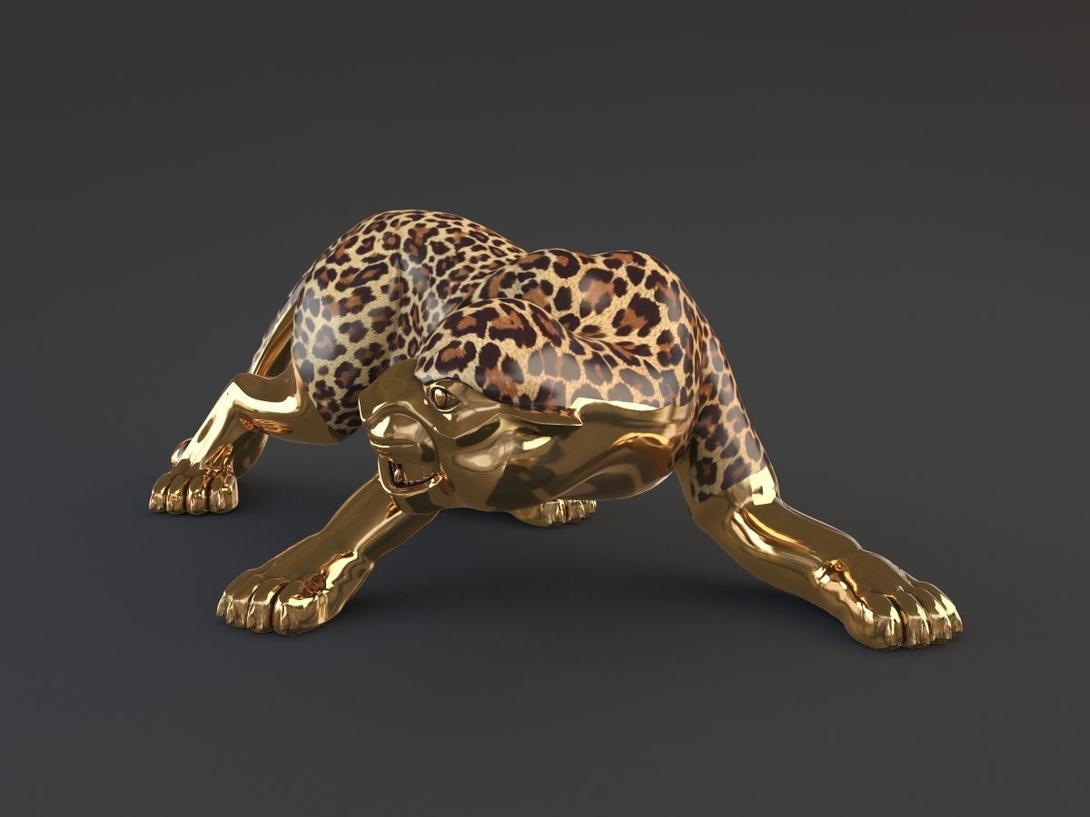 Panther gold leopard statue 3D model_2