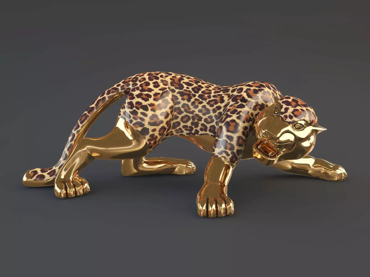 Panther gold leopard statue 3D model_0