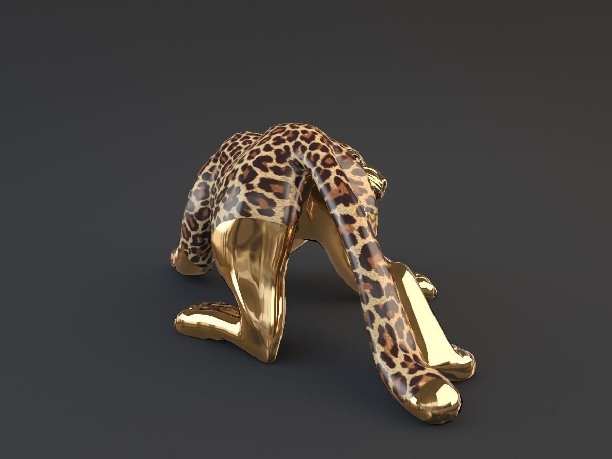Panther gold leopard statue 3D model_7