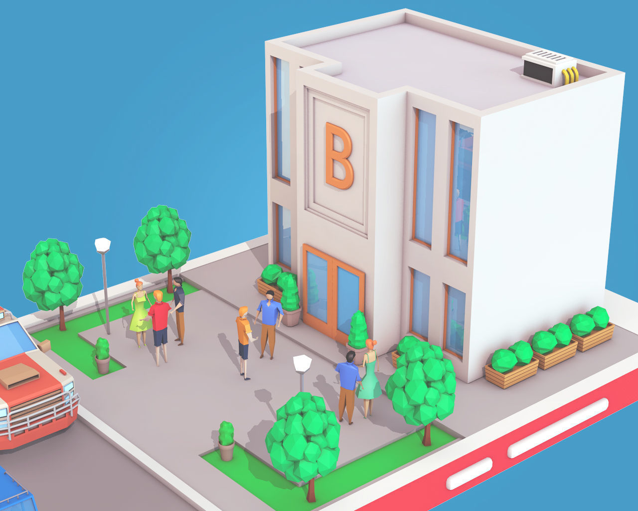Cartoon Bank Building on Phone screen Low-poly 3D model_4