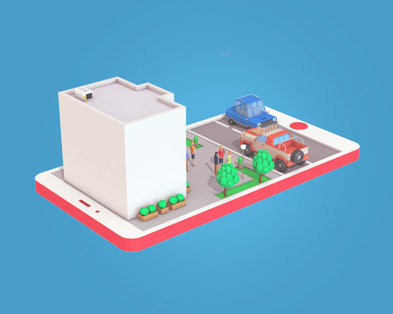 Cartoon Bank Building on Phone screen Low-poly 3D model_2