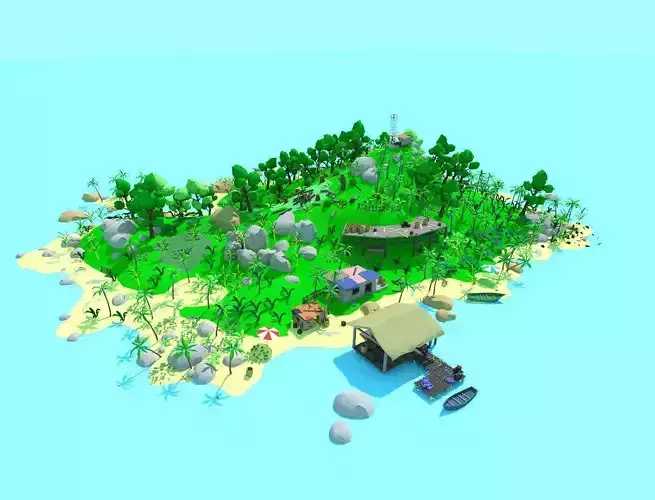 low poly cartoon tropical island scene Low-poly 3D model