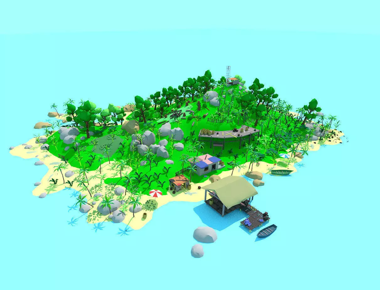 low poly cartoon tropical island scene Low-poly 3D model_0