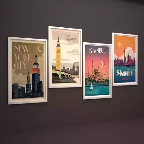 frames four travel posters on wall