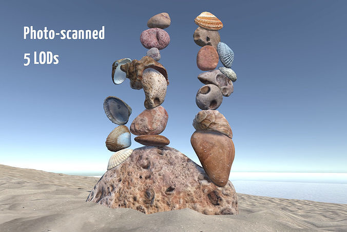 Beach Rocks and Shells Low-poly 3D model