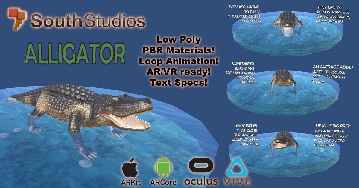 Animated Alligator AR VR Unity 3dsmax Low-poly 3D model_2