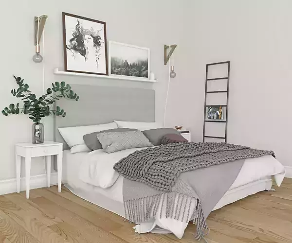 Bedroom set with walls and wooden floors